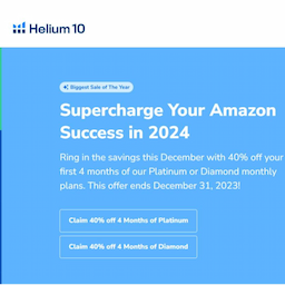- Helium 10 is offering a 40% discount for the first 4 months on their Platinum and Diamond monthly plans.
- Helium 10 provides tools for Amazon sellers to research products, find keywords, optimize l Image